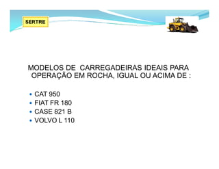 MODELOS DE CARREGADEIRAS IDEAIS PARA
OPERAÇÃO EM ROCHA, IGUAL OU ACIMA DE :
 CAT 950
 FIAT FR 180
 CASE 821 B
 VOLVO L 110
 