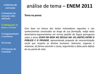 Tema na prova:
Com base na leitura dos textos motivadores seguintes e nos
conhecimentos construídos ao longo de sua formação, redija texto
dissertativo-argumentativo em norma padrão da língua portuguesa
sobre o tema VIVER EM REDE NO SÉCULO XXI: OS LIMITES ENTRE O
PÚBLICO E O PRIVADO, apresentando proposta de conscientização
social que respeite os direitos humanos. Selecione, organize e
relacione, de forma coerente e coesa, argumentos e fatos para defesa
de seu ponto de vista.
análise de tema – ENEM 2011Critérios de
correção
1) Domínio da
variante culta
utilizada
2) Adequação ao
tema e à forma
3) Argumentação
e coerência
4) Coesão
5) Proposta de
resolução
 