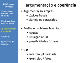 • Argumentação simples
• tópicos frasais
• planeje os parágrafos
• Avaliar o problema levantado
• causas
• situação atual
• possibilidades futuras
• Use:
• interdisciplinaridade
• exemplos / fatos
argumentação e coerênciaCritérios de
correção
1) Domínio da
variante culta
utilizada
2) Adequação ao
tema e à forma
3) Argumentação
e coerência
4) Coesão
5) Proposta de
resolução
 