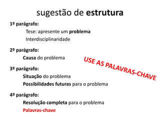 sugestão de estrutura
1º parágrafo:
Tese: apresente um problema
Interdisciplinaridade
2º parágrafo:
Causa do problema
3º parágrafo:
Situação do problema
Possibilidades futuras para o problema
4º parágrafo:
Resolução completa para o problema
Palavras-chave
 