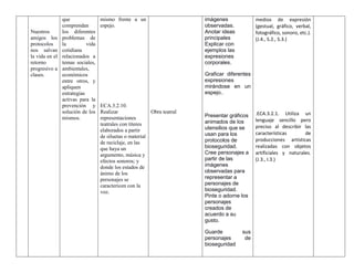 Nuestros
amigos los
protocolos
nos salvan
la vida en el
retorno
progresivo a
clases.
que
comprendan
los diferentes
problemas de
la vida
cotidiana
relacionados a
temas sociales,
ambientales,
económicos
entre otros, y
apliquen
estrategias
activas para la
prevención y
solución de los
mismos.
mismo frente a un
espejo.
ECA.3.2.10.
Realizar
representaciones
teatrales con títeres
elaborados a partir
de siluetas o material
de reciclaje, en las
que haya un
argumento, música y
efectos sonoros; y
donde los estados de
ánimo de los
personajes se
caractericen con la
voz.
Obra teatral
imágenes
observadas.
Anotar ideas
principales
Explicar con
ejemplos las
expresiones
corporales.
Graficar diferentes
expresiones
mirándose en un
espejo..
Presentar gráficos
animados de los
utensilios que se
usan para los
protocolos de
bioseguridad.
Cree personajes a
partir de las
imágenes
observadas para
representar a
personajes de
bioseguridad.
Pinte o adorne los
personajes
creados de
acuerdo a su
gusto.
Guarde sus
personajes de
bioseguridad
medios de expresión
(gestual, gráfico, verbal,
fotográfico, sonoro, etc.).
(J.4., S.2., S.3.)
.ECA.3.2.1. Utiliza un
lenguaje sencillo pero
preciso al describir las
características de
producciones artísticas
realizadas con objetos
artificiales y naturales.
(J.3., I.3.)
 