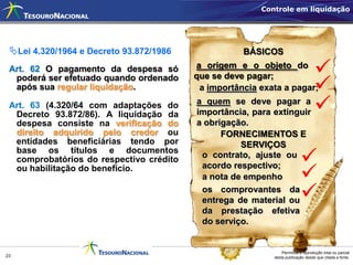 Controle em liquidação




 Lei 4.320/1964 e Decreto 93.872/1986              BÁSICOS
 Art. 62 O pagamento da despesa só       a origem e o objeto do
                                                                     
                                                                     
  poderá ser efetuado quando ordenado    que se deve pagar;
  após sua regular liquidação.            a importância exata a pagar;

                                         importância, para extinguir 
 Art. 63 (4.320/64 com adaptações do     a quem se deve pagar a
  Decreto 93.872/86). A liquidação da
  despesa consiste na verificação do     a obrigação.
  direito adquirido pelo credor ou             FORNECIMENTOS E
  entidades beneficiárias tendo por                SERVIÇOS
                                                                         
  base os títulos e documentos
                                          o contrato, ajuste ou
  comprobatórios do respectivo crédito

                                                                         
  ou habilitação do benefício.            acordo respectivo;
                                          a nota de empenho
                                          os comprovantes da
                                          entrega de material ou         
                                          da prestação efetiva
                                          do serviço.


                                                               Permitida a reprodução total ou parcial
23                                                         desta publicação desde que citada a fonte.
 