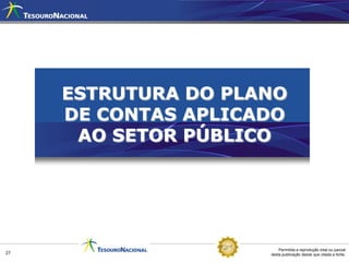 ESTRUTURA DO PLANO
     DE CONTAS APLICADO
      AO SETOR PÚBLICO




                         Permitida a reprodução total ou parcial
27                   desta publicação desde que citada a fonte.
 