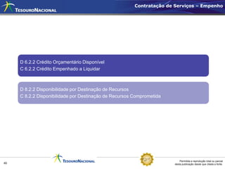 Contratação de Serviços – Empenho




     D 6.2.2 Crédito Orçamentário Disponível
     C 6.2.2 Crédito Empenhado a Liquidar



     D 8.2.2 Disponibilidade por Destinação de Recursos
     C 8.2.2 Disponibilidade por Destinação de Recursos Comprometida




                                                                           Permitida a reprodução total ou parcial
49                                                                     desta publicação desde que citada a fonte.
 