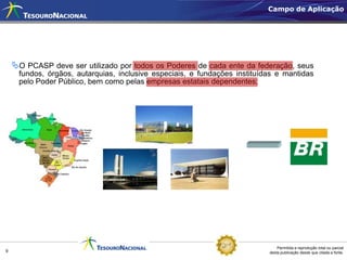 Campo de Aplicação




    O PCASP deve ser utilizado por todos os Poderes de cada ente da federação, seus
     fundos, órgãos, autarquias, inclusive especiais, e fundações instituídas e mantidas
     pelo Poder Público, bem como pelas empresas estatais dependentes;




                                                                               Permitida a reprodução total ou parcial
9                                                                          desta publicação desde que citada a fonte.
 