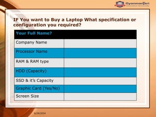 6/29/2024
IF You want to Buy a Laptop What specification or
configuration you required?
Your Full Name?
Company Name
Processor Name
RAM & RAM type
HDD (Capacity)
SSD & it’s Capacity
Graphic Card (Yes/No)
Screen Size
 