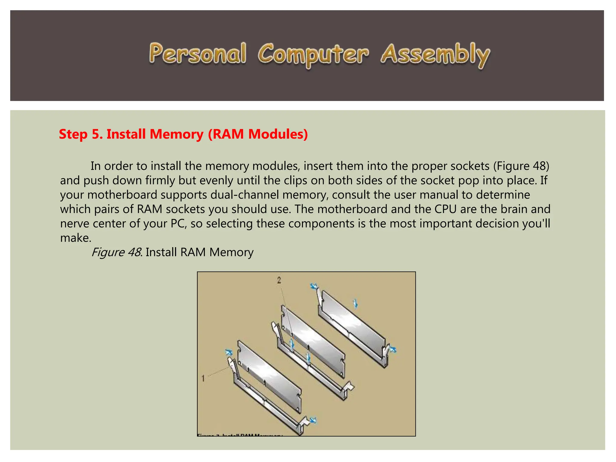 Step 5. Install Memory (RAM Modules)
In order to install the memory modules, insert them into the proper sockets (Figure 48)
and push down firmly but evenly until the clips on both sides of the socket pop into place. If
your motherboard supports dual-channel memory, consult the user manual to determine
which pairs of RAM sockets you should use. The motherboard and the CPU are the brain and
nerve center of your PC, so selecting these components is the most important decision you'll
make.
Figure 48. Install RAM Memory
 