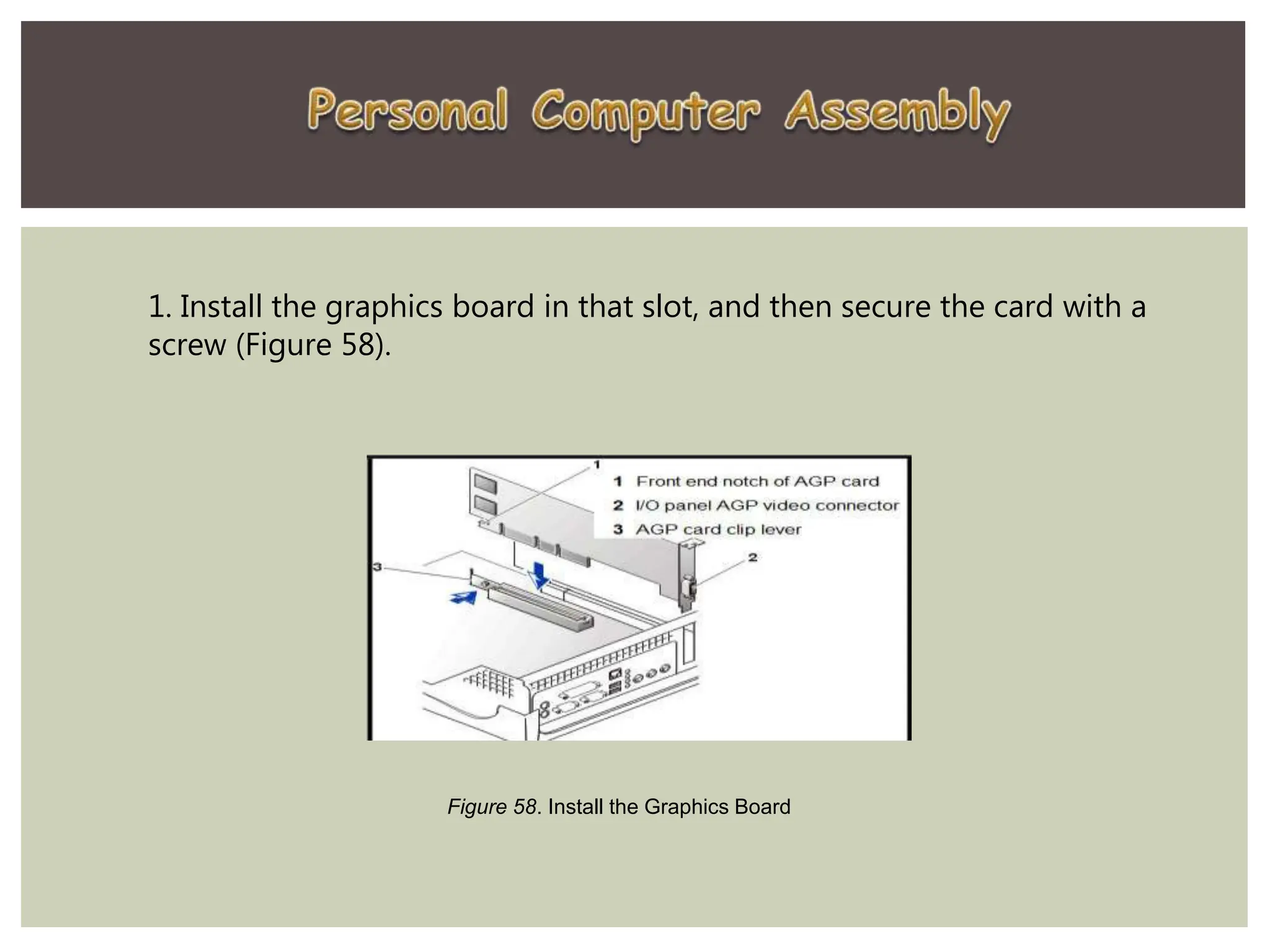 1. Install the graphics board in that slot, and then secure the card with a
screw (Figure 58).
Figure 58. Install the Graphics Board
 