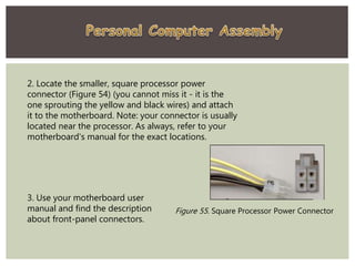 2. Locate the smaller, square processor power
connector (Figure 54) (you cannot miss it - it is the
one sprouting the yellow and black wires) and attach
it to the motherboard. Note: your connector is usually
located near the processor. As always, refer to your
motherboard's manual for the exact locations.
Figure 55. Square Processor Power Connector
3. Use your motherboard user
manual and find the description
about front-panel connectors.
 