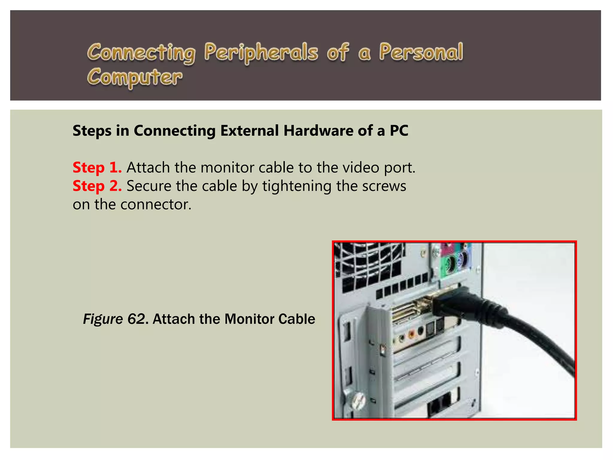 Steps in Connecting External Hardware of a PC
Step 1. Attach the monitor cable to the video port.
Step 2. Secure the cable by tightening the screws
on the connector.
Figure 62. Attach the Monitor Cable
 