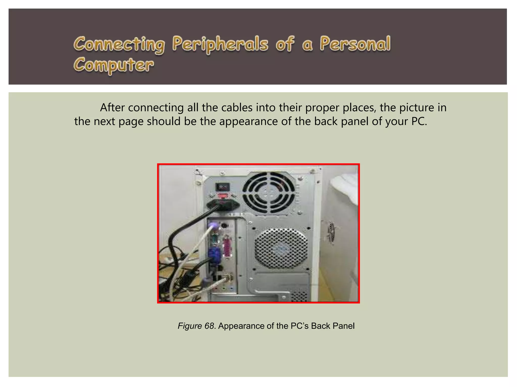 After connecting all the cables into their proper places, the picture in
the next page should be the appearance of the back panel of your PC.
Figure 68. Appearance of the PC’s Back Panel
 