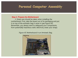 Step 2. Prepare the Motherboard
1. Great care should be taken when installing the
motherboard. First, take the board out of its packaging and put
it on top of the antistatic bag it came in (see Figure 45).
Remember, you always want to safeguard your components
from potentially hazardous static electricity (wear your strap).
Figure 45. Motherboard in an Antistatic Bag
 