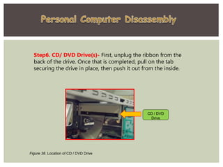 Step6. CD/ DVD Drive(s)- First, unplug the ribbon from the
back of the drive. Once that is completed, pull on the tab
securing the drive in place, then push it out from the inside.
CD / DVD
Drive
Figure 38. Location of CD / DVD Drive
 