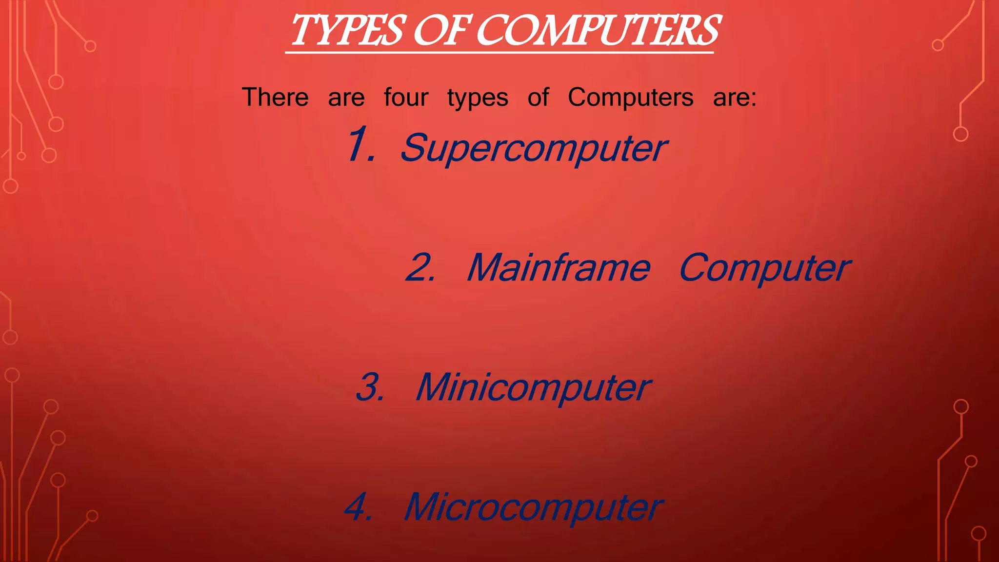 TYPES OF COMPUTERS
There are four types of Computers are:
1. Supercomputer
2. ​Mainframe Computer
3. Minicomputer
4. ​Microcomputer
 