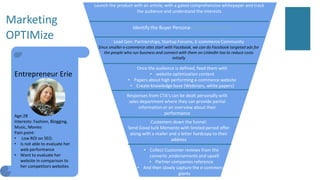 Identify the Buyer Persona- Entrepreneur Erie
Lead Gen: Partnerships, Startup Forums, E-commerce Community
Since smaller e-commerce sites start with Facebook, we can do Facebook targeted ads for
the people who run business and connect with them on LinkedIn too to reduce costs
initially
Once the audience is defined, feed them with
• website optimization content
• Papers about high performing e-commerce website
• Create knowledge base (Webinars, white papers)
Responses from CTA’s can be dealt personally with
sales department where they can provide partial
information or an overview about their
performance
Customers down the funnel:
Send Good luck Memento with limited period offer
along with a mailer and a letter hardcopy to their
address
• Collect Customer reviews from the
converts ,endorsements and upsell
• Partner companies reference
• And then slowly capture the e-commerce
giants
Launch the product with an article, with a gated comprehensive whitepaper and track
the audience and understand the interests
Marketing
OPTIMize
Entrepreneur Erie
Age:28
Interests: Fashion, Blogging,
Music, Movies
Pain point:
• Low ROI on SEO.
• Is not able to evaluate her
web performance
• Want to evaluate her
website in comparison to
her competitors websites
 