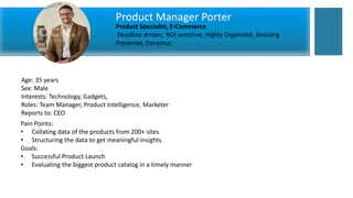 Product Manager Porter
Product Specialist, E-Commerce
Deadline driven, ROI sensitive, Highly Organized, Amazing
Presenter, Dynamuc
Age: 35 years
Sex: Male
Interests: Technology, Gadgets,
Roles: Team Manager, Product Intelligence, Marketer
Reports to: CEO
Pain Points:
• Collating data of the products from 200+ sites
• Structuring the data to get meaningful insights
Goals:
• Successful Product Launch
• Evaluating the biggest product catalog in a timely manner
 