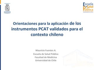 Orientaciones	para	la	aplicación	de	los	
instrumentos	PCAT	validados	para	el	
contexto	chileno	
	
		
Mauricio	Fuentes	A.	
Escuela	de	Salud	Pública	
Facultad	de	Medicina	
Universidad	de	Chile	
	
 