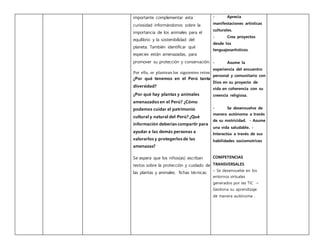 importante complementar esta
curiosidad informándonos sobre la
importancia de los animales para el
equilibrio y la sostenibilidad del
planeta. También identificar qué
especies están amenazadas, para
promover su protección y conservación.
Por ello, se plantean los siguientes retos:
¿Por qué tenemos en el Perú tanta
diversidad?
¿Por qué hay plantas y animales
amenazados en el Perú? ¿Cómo
podemos cuidar el patrimonio
cultural y natural del Perú? ¿Qué
información deberías compartir para
ayudar a las demás personas a
valorarlos y protegerlos de las
amenazas?
Se espera que los niños(as) escriban
textos sobre la protección y cuidado de
las plantas y animales. fichas técnicas.
- Aprecia
manifestaciones artísticas
culturales.
- Crea proyectos
desde los
lenguajesartísticos.
- Asume la
experiencia del encuentro
personal y comunitario con
Dios en su proyecto de
vida en coherencia con su
creencia religiosa.
- Se desenvuelve de
manera autónoma a través
de su motricidad. - Asume
una vida saludable. -
Interactúa a través de sus
habilidades sociomotrices
COMPETENCIAS
TRANSVERSALES
– Se desenvuelve en los
entornos virtuales
generados por las TIC –
Gestiona su aprendizaje
de manera autónoma .
 