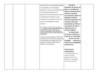 desarrollo de sus aprendizajes desde
lo propuesto por la estrategia
Aprendo en casa, que identifiquen las
lecciones aprendidas que les
permitirán tomar decisiones y asumir
compromisos de mejora, y que
reconozcan su esfuerzo y el de los
que los acompañaron en este
proceso.
Para lograrlo, se enfrentarán al siguiente
reto: ¿Qué lecciones aprendidas me llevo
de Aprendo en casa? ¿Para qué me
servirá lo aprendido? ¿Qué aprendí en
cada una de las áreas? ¿Cómo aplicaré lo
aprendido?
A partir de estas preguntas, elaborarán
un panel sobre las diversas experiencias
de aprendizaje más significativas que
expresen comohas construido tus
logros en tu aprendizaje.
- Resuelve
problemas de gestión de
datos e incertidumbre. -
Aprecia manifestaciones
artísticas culturales. -
Crea proyectos desde los
lenguajes-artísticos. -
Asume la experiencia del
encuentro personal y
comunitario con Dios en
su proyecto de vida en
coherencia con su
creencia religiosa.
- Se desenvuelve
de manera autónoma a
través de su motricidad.
- Asume una vida
saludable. - Interactúa a
través de sus habilidades
sociomotrices
COMPETENCIAS
TRANSVERSALES
– Se desenvuelve en los
entornos virtuales
generados por las TIC –
Gestiona su aprendizaje
de manera autónoma.
 