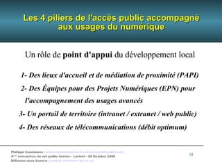 Les 4 piliers de l'accès public accompagné aux usages du numérique Un rôle de  point d'appui  du développement local  1- Des lieux d'accueil et de médiation de proximité (PAPI)‏ 2- Des Équipes pour des Projets Numériques (EPN) pour l'accompagnement des usages avancés 3- Un portail de territoire (intranet / extranet / web public)‏ 4- Des réseaux de télécommunications (débit optimum)‏ 