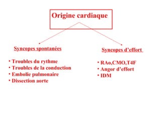 Origine cardiaque
Syncopes d’effort
• RAo,CMO,T4F
• Angor d’effort
• IDM
Syncopes spontanées
• Troubles du rythme
• Troubles de la conduction
• Embolie pulmonaire
• Dissection aorte
 