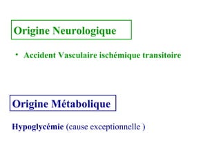 • Accident Vasculaire ischémique transitoire
Origine Neurologique :
Origine Métabolique
Hypoglycémie (cause exceptionnelle )
 
