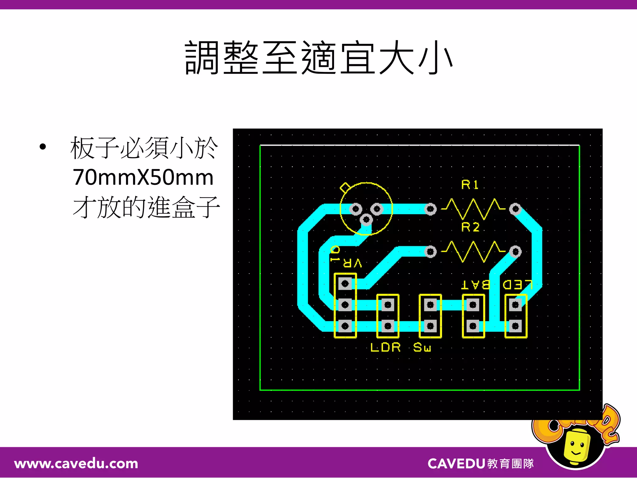 調整至適宜大小
• 板子必須小於
70mmX50mm
才放的進盒子
 