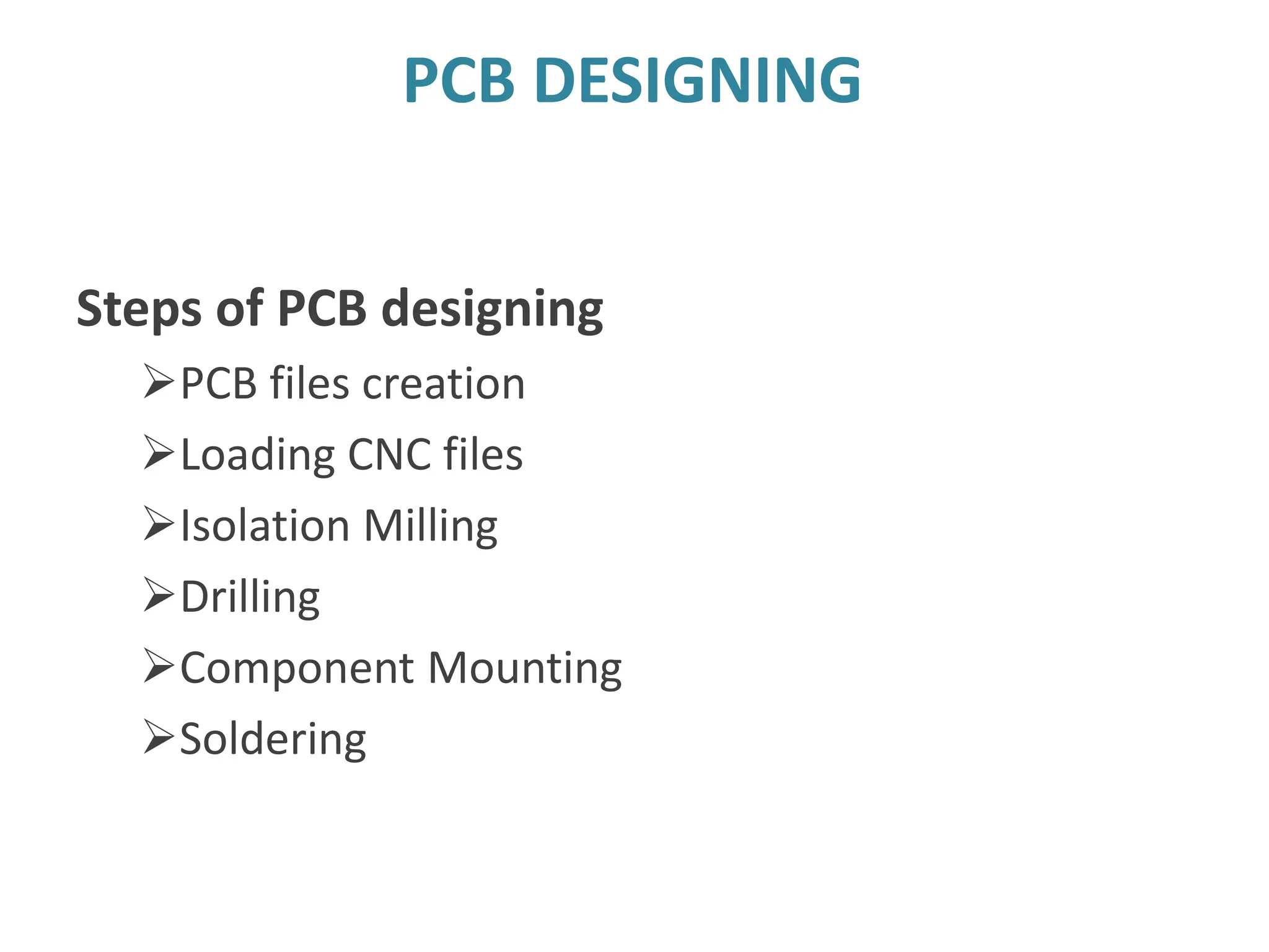 Steps of PCB designing
PCB files creation
Loading CNC files
Isolation Milling
Drilling
Component Mounting
Soldering
PCB DESIGNING
 