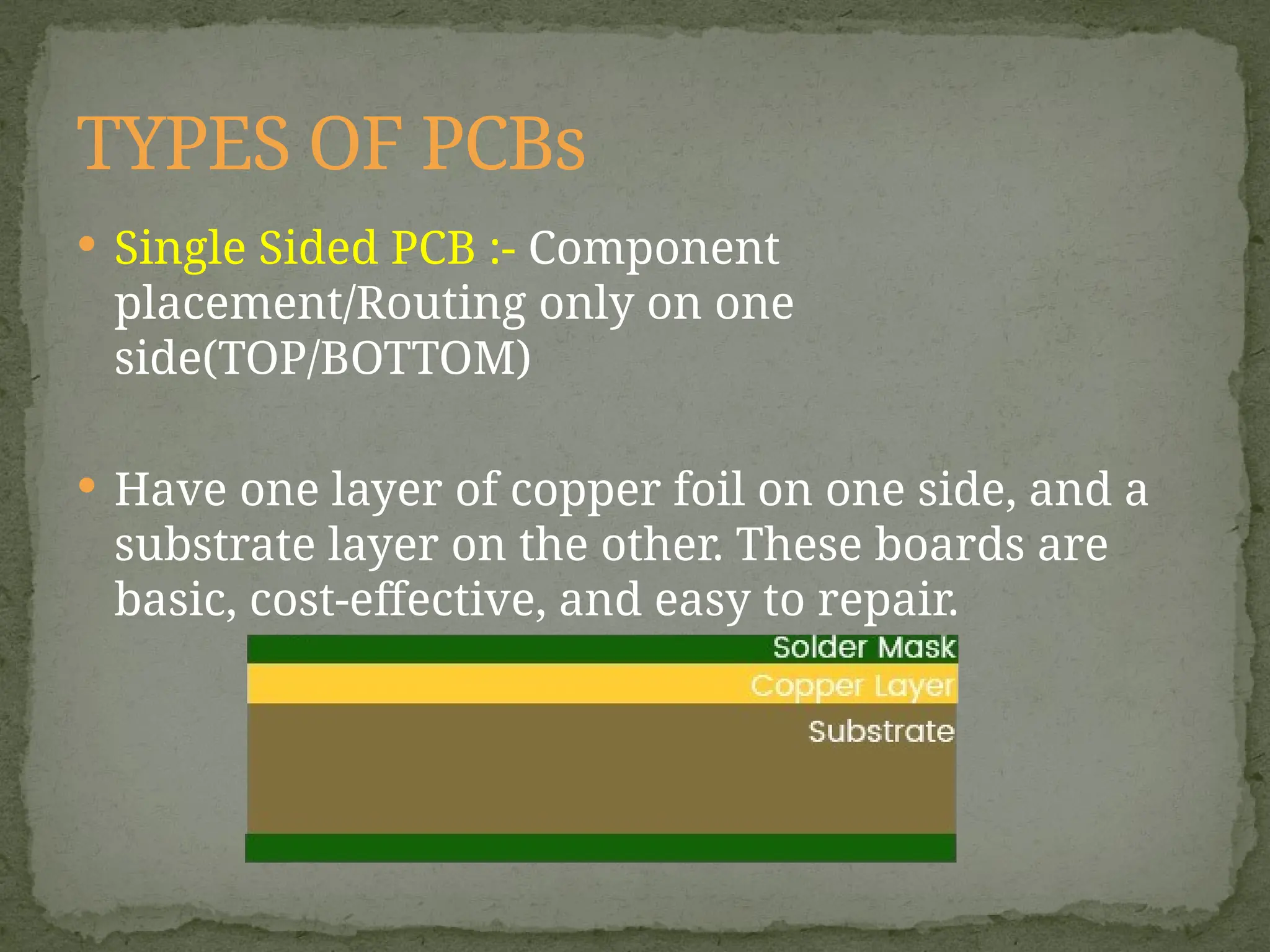  Single Sided PCB :- Component
placement/Routing only on one
side(TOP/BOTTOM)
 Have one layer of copper foil on one side, and a
substrate layer on the other. These boards are
basic, cost-effective, and easy to repair.
TYPES OF PCBs
 