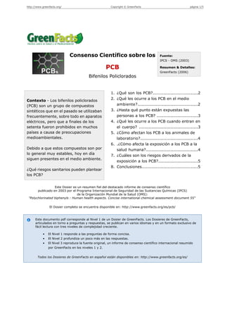 http://www.greenfacts.org/                               Copyright © GreenFacts                                página 1/5




                              Consenso Científico sobre los                               Fuente:
                                                                                          IPCS - OMS (2003)

                                                      PCB                                 Resumen & Detalles:
                                                                                          GreenFacts (2006)
                                           Bifenilos Policlorados


                                                          1. ¿Qué son los PCB?.................................2
Contexto - Los bifenilos policlorados                     2. ¿Qué les ocurre a los PCB en el medio
(PCB) son un grupo de compuestos                             ambiente?............................................2
sintéticos que en el pasado se utilizaban                 3. ¿Hasta qué punto están expuestas las
frecuentemente, sobre todo en aparatos                       personas a los PCB? ..............................3
eléctricos, pero que a finales de los                     4. ¿Qué les ocurre a los PCB cuando entran en
setenta fueron prohibidos en muchos                          el cuerpo? ...........................................3
países a causa de preocupaciones                          5. ¿Cómo afectan los PCB a los animales de
medioambientales.                                            laboratorio?..........................................4
                                                          6. .¿Cómo afecta la exposición a los PCB a la
Debido a que estos compuestos son por                        salud humana?......................................4
lo general muy estables, hoy en día                       7. ¿Cuáles son los riesgos derivados de la
siguen presentes en el medio ambiente.
                                                             exposición a los PCB?.............................5
                                                          8. Conclusiones.........................................5
¿Qué riesgos sanitarios pueden plantear
los PCB?


                  Este Dosier es un resumen fiel del destacado informe de consenso científico
       publicado en 2003 por el Programa Internacional de Seguridad de las Sustancias Químicas (IPCS)
                                 de la Organización Mundial de la Salud (OMS):
 "Polychlorinated biphenyls : Human health aspects. Concise international chemical assessment document 55"

                El Dosier completo se encuentra disponible en: http://www.greenfacts.org/es/pcb/



      Este documento pdf corresponde al Nivel 1 de un Dosier de GreenFacts. Los Dosieres de GreenFacts,
      articulados en torno a preguntas y respuestas, se publican en varios idiomas y en un formato exclusivo de
      fácil lectura con tres niveles de complejidad creciente.

            •   El Nivel 1 responde a las preguntas de forma concisa.
            •   El Nivel 2 profundiza un poco más en las respuestas.
            •   El Nivel 3 reproduce la fuente original, un informe de consenso científico internacional resumido
                por GreenFacts en los niveles 1 y 2.


        Todos los Dosieres de GreenFacts en español están disponibles en: http://www.greenfacts.org/es/
 