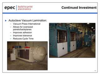 Continued Investment



Autoclave Vacuum Lamination:
– Vacuum Press International
– Allows for oversized
panels/backplanes
– Improves adhesion
– Improves tolerance
– Reduces Cycle Time

11

 