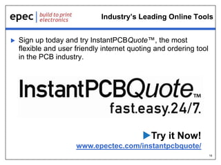 Industry’s Leading Online Tools


Sign up today and try InstantPCBQuote™, the most
flexible and user friendly internet quoting and ordering tool
in the PCB industry.

Try it Now!
www.epectec.com/instantpcbquote/
18

 