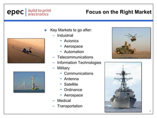 Focus on the Right Market



Key Markets to go after:
– Industrial
• Avionics
• Aerospace
• Automation
– Telecommunications
– Information Technologies
– Military
• Communications
• Antenna
• Satellite
• Ordinance
• Aerospace
– Medical
– Transportation
7

 