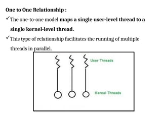 One to One Relationship :
The one-to-one model maps a single user-level thread to a
single kernel-level thread.
This type of relationship facilitates the running of multiple
threads in parallel.
 