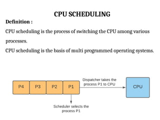 CPU SCHEDULING
Definition :
CPU scheduling is the process of switching the CPU among various
processes.
CPU scheduling is the basis of multi programmed operating systems.
 