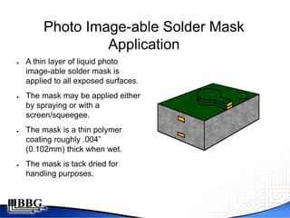 Photo Image-able Solder Mask
                  Application
●   A thin layer of liquid photo
    image-able solder mask is
    applied to all exposed surfaces.
●   The mask may be applied either
    by spraying or with a
    screen/squeegee.
●   The mask is a thin polymer
    coating roughly .004”
    (0.102mm) thick when wet.
●   The mask is tack dried for
    handling purposes.
 