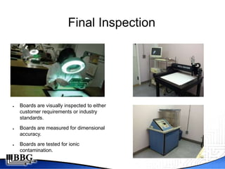Final Inspection




●   Boards are visually inspected to either
    customer requirements or industry
    standards.
●   Boards are measured for dimensional
    accuracy.
●   Boards are tested for ionic
    contamination.
 