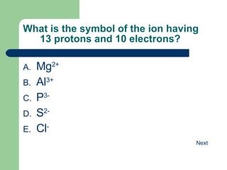 What is the symbol of the ion having 13 protons and 10 electrons? Mg 2+ Al 3+ P 3- S 2- Cl - 