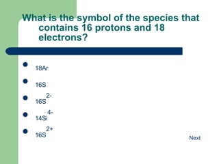 What is the symbol of the species that contains 16 protons and 18 electrons? 18 Ar 16 S 16 S 2- 14 Si 4- 16 S 2 + 