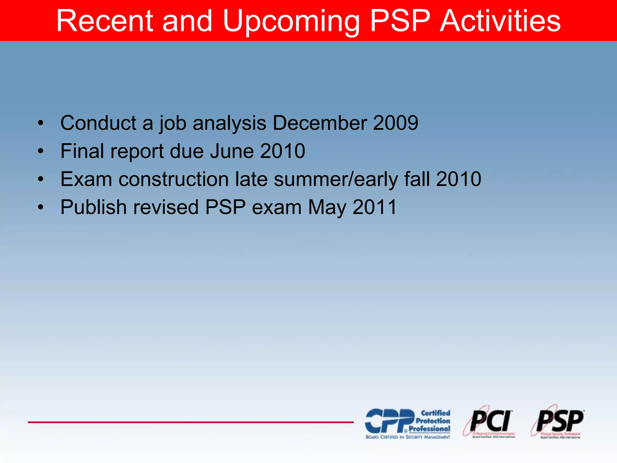 Recent and Upcoming PSP Activities Conduct a job analysis December 2009 Final report due June 2010 Exam construction late summer/early fall 2010 Publish revised PSP exam May 2011 