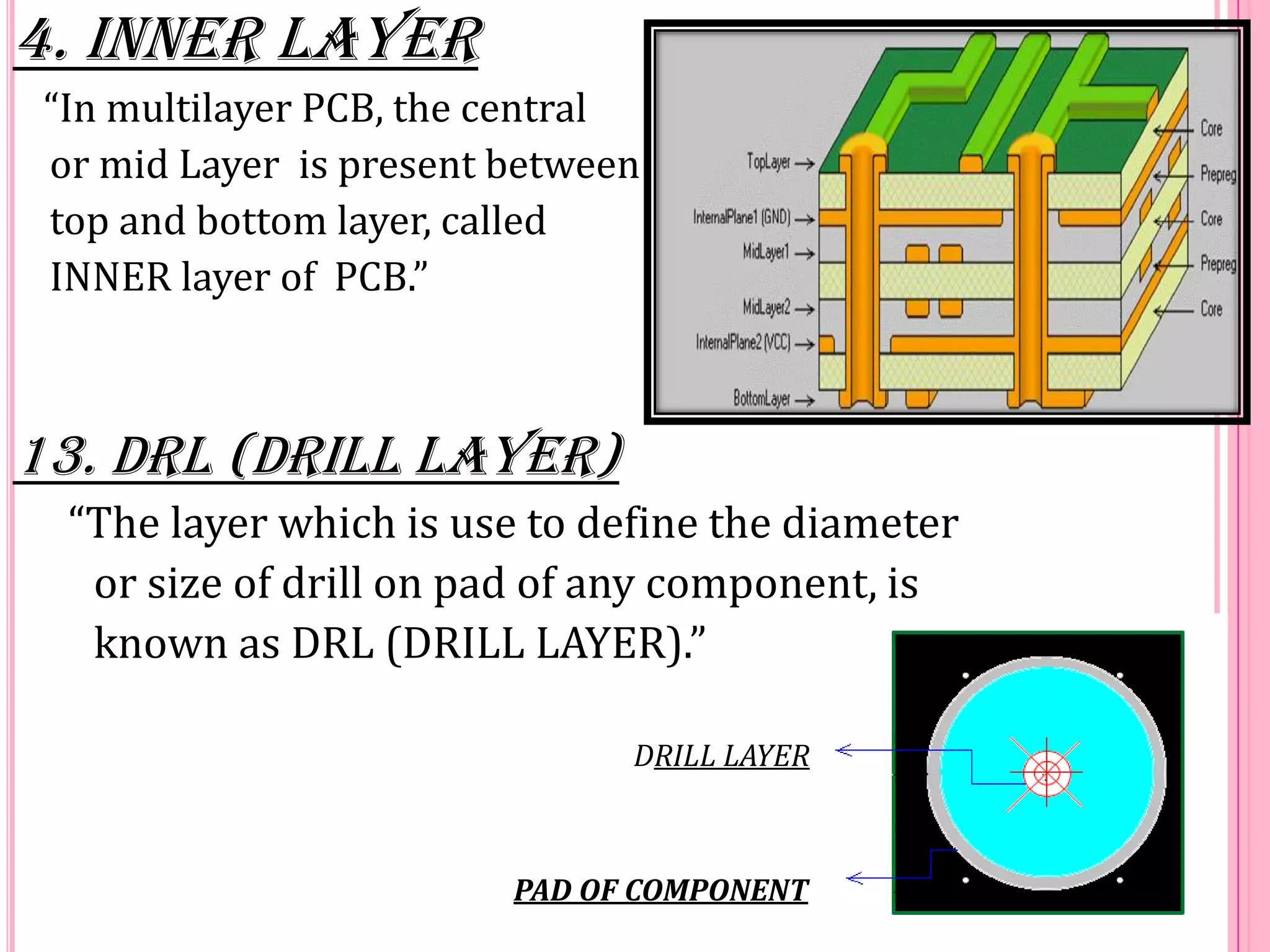 4. INNER LAYER
“In multilayer PCB, the central
or mid Layer is present between
top and bottom layer, called
INNER layer of PCB.”
13. DRL (DRILL LAYER)
“The layer which is use to define the diameter
or size of drill on pad of any component, is
known as DRL (DRILL LAYER).”
DRILL LAYER
PAD OF COMPONENT
 