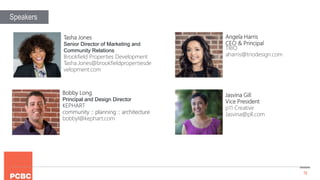 72
Speakers
Angela Harris
CEO & Principal
TRIO
aharris@triodesign.com
Tasha Jones
Senior Director of Marketing and
Community Relations
Brookfield Properties Development
Tasha.Jones@brookfieldpropertiesde
velopment.com
Bobby Long
Principal and Design Director
KEPHART
community :: planning :: architecture
bobbyl@kephart.com
Jasvina Gill
Vice President
p11 Creative
Jasvina@pll.com
 