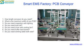 www.smthelp.com
Smart EMS Factory: PCB Conveyor
1. How length conveyor do you need?
2. What is the maximum width of you PCB?
3. Do you need inspection with lighting
4. Do you need dual rail?
5. Do you need cover with cooling fan?
6. Do you need buffer bad boards?
7. Do you need working table both side?
 