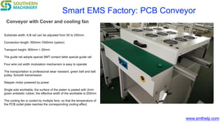 www.smthelp.com
Smart EMS Factory: PCB Conveyor
Conveyor with Cover and cooling fan
Substrate width: A.B rail can be adjusted from 50 to 250mm
Connection length: 500mm-1000mm (option)
Transport height: 900mm + 20mm
The guide rail adopts special SMT contact table special guide rail
Four wire rod width modulation mechanism is easy to operate
The transportation is professional wear resistant, green belt and belt
pulley. Smooth transmission
Stepper motor powered by power
Single side worktable, the surface of the platen is pasted with 2mm
green antistatic rubber, the effective width of the worktable is 200mm
The cooling fan is cooled by multiple fans, so that the temperature of
the PCB outlet plate reaches the corresponding cooling effect.
 