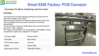 www.smthelp.com
Smart EMS Factory: PCB Conveyor
Convoyor for Wave soldering machine input
Advantage：
The double wire rod width adjusting mechanism ensures that the
guide rail is parallel to each other.
Special aluminum guide rail and special stainless steel nylon chain
drive are adopted to ensure smooth connection and smooth
transportation.
The transmission is driven by GDP speed motor, and the electronic
governor 0-1.8M is stepless.
The height of transportation can be adjusted by 700-800MM, and the
transportation angle can be adjusted 0-15 degrees.
Transport height 900mm ±20mm
PCB width Max.350mm
PCB conveyor speed 0-2m/min
Weight Approx.40kg
Dimensions (L*W*H) 1000×600×750mm
 