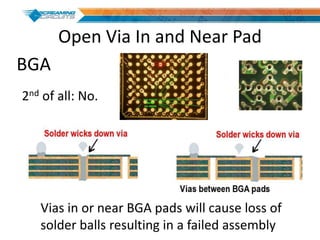 Open Via In and Near Pad
Vias in or near BGA pads will cause loss of
solder balls resulting in a failed assembly
2nd of all: No.
BGA
 