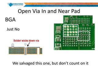 Open Via In and Near Pad
Just No
BGA
We salvaged this one, but don’t count on it
 