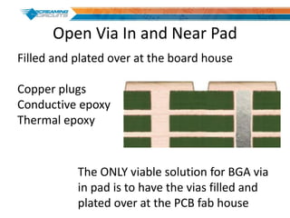 Open Via In and Near Pad
Filled and plated over at the board house
Copper plugs
Conductive epoxy
Thermal epoxy
The ONLY viable solution for BGA via
in pad is to have the vias filled and
plated over at the PCB fab house
 