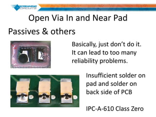 Open Via In and Near Pad
Basically, just don’t do it.
It can lead to too many
reliability problems.
Passives & others
Insufficient solder on
pad and solder on
back side of PCB
IPC-A-610 Class Zero
 