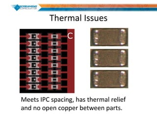 Thermal Issues
Meets IPC spacing, has thermal relief
and no open copper between parts.
 